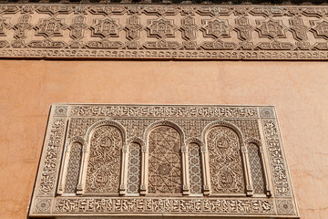 decoration with arabic motifs on a wall of the Moroccan palace of la Bahia