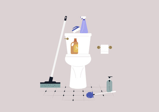 Tidying up a bathroom, a vintage toilet, chemical detergents, brushes and mops