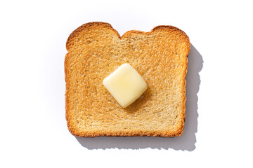 Slice of Toasted Bread With Pad of Melting Butter and Hard Shadow Flat Lay Top Down View - Isolated...