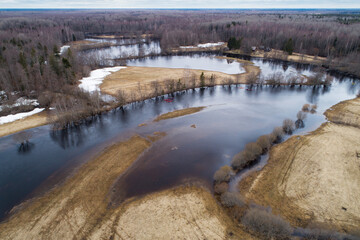Aerial of canoes on a springtime river in Soomaa National Park, Estonia
