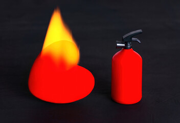 Toy fire extinguisher by a burning heart on black