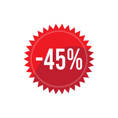 -45% discount promotional shopping round badge design in red color isolated on white background