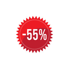 -55% discount badge vector design on white background. Promotional shopping round label stamp in red color for ad campaign