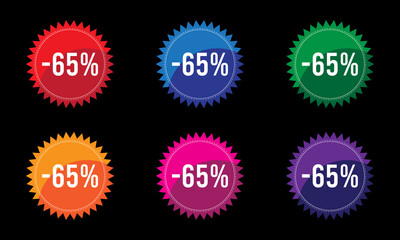 Minus 65 % discount badge design vector sticker set on black background in six different colors for promotional advertising campaign