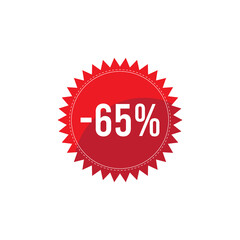 -65% discount badge vector design on white background. Promotional shopping round label sale stamp in red color