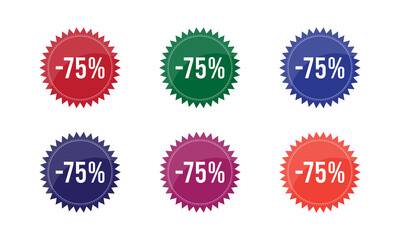 -75 % Disacount stamp promotional badge design vector sticker set on white background in six different color
