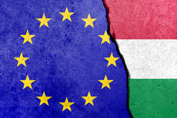 Europe Union and Hungary flags painted on the concrete wall - obrazy, fototapety, plakaty