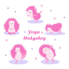 hedgehog meditation. Forest animals meditate. Animal yoga. Vector flat cute cartoon illustration.