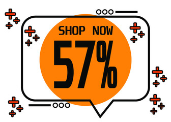 57% off. Orange balloon with discount tag and special offer.