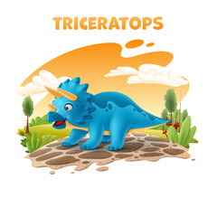 cute cartoon triceratops on rock landscape with nature trees clouds plants
