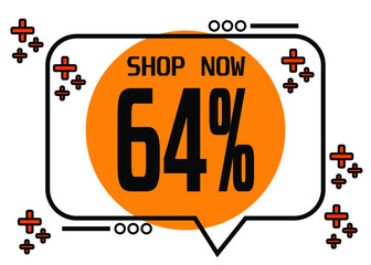 64% off. Orange balloon with discount tag and special offer.