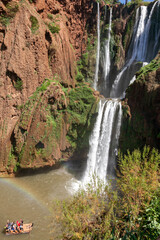 Close up of the Ouzoud waterfalls and the rainbow in Morocco