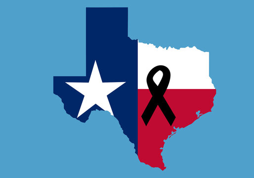 Mapa de Texas con su bandera y el lazo negro en se&ntilde;al de luto