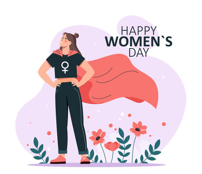 Happy Women Day. Smiling woman with gender sign on clothes and superhero cape surrounded by flowers. Equal rights and opportunities for girls. Greeting card design. Cartoon flat vector illustration.