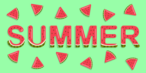 Juicy red inscription summer from watermelon letters in a flat style. Vector image.