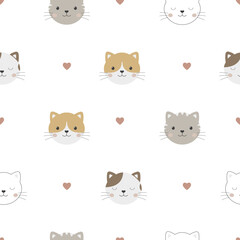Portraits cute cats seamless pattern. Cartoon cats on a white background with hearts. Baby funny print with animals. Kids design for fabric, textiles, packaging, scrapbooking. Design nursery. 