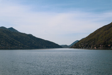 Fototapeta na wymiar View to the Lago Lugano from Melide, Ticino, Switzerland