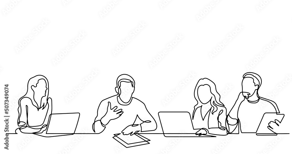 Poster vector illustration of continuous line drawing of office workers at business meeting solving work ta