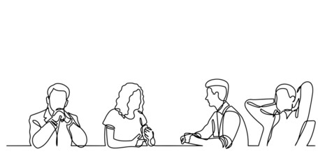 vector illustration of continuous line drawing of office workers at business meeting solving work tasks