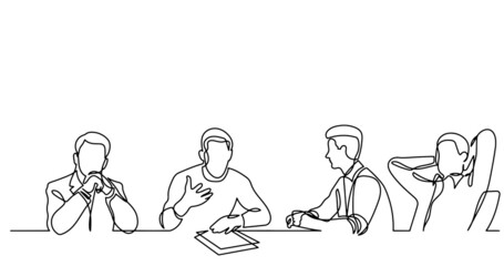 vector illustration of continuous line drawing of office workers at business meeting solving work tasks