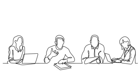 vector illustration of continuous line drawing of office workers at business meeting solving work tasks