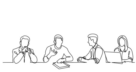 vector illustration of continuous line drawing of office workers at business meeting solving work tasks