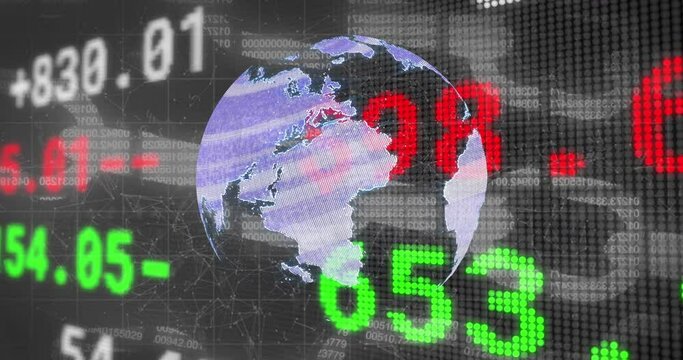 Animation of stock market over globe and data processing on black background