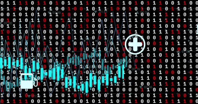 Animation of data processing with icons over binary coding on black background