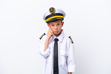 Little airplane pilot boy isolated on white background thinking an idea