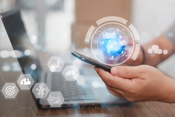 Business man use smartphone working in office are using creative ideas with connection technological in the internet world without borders and laptop on table
