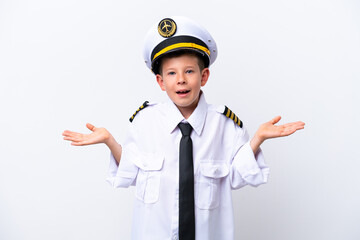 Little airplane pilot boy isolated on white background with shocked facial expression
