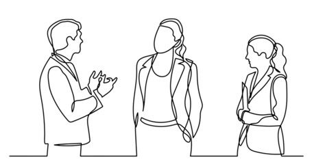 continuous line drawing of business people talking - obrazy, fototapety, plakaty