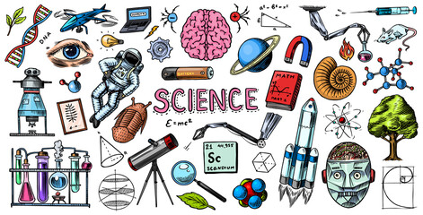 Science banner. Engraved hand drawn in old sketch and vintage style. Astronaut and rocket. Scientific formulas and calculations in physics and mathematics and biology or astronomy on whiteboard.