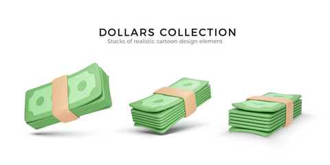 Heap of green dollar USA. Set of 3D render stack of money. Paper dollar banknote isolated on white background - obrazy, fototapety, plakaty