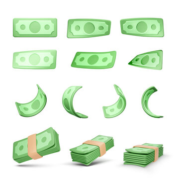 Realistic money set. Collection of 3D green dollars isolated on white background. Twisted paper bills and stack of currency banknotes