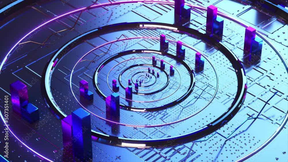 Poster abstraction concept. round microchip. platform. approximation. rectangles. blue color. 3d animation 