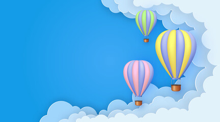 Beautiful 3d balloons flying on blue sky with paper clouds.