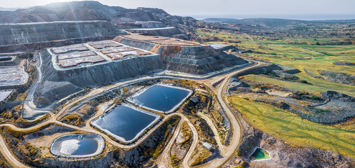 Copper ore solvent extraction at Skouriotissa mine in Cyprus. Leaching heaps and storage reservoirs 