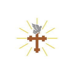 Christianity catholic cross and pigeon bird flying icon isolated on white background
