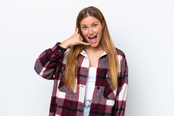 Young caucasian woman isolated on white background making phone gesture. Call me back sign