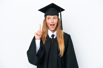 Young university graduate caucasian woman isolated on white background thinking an idea pointing the finger up