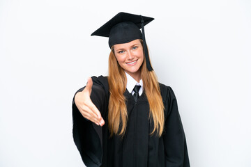 Young university graduate caucasian woman isolated on white background shaking hands for closing a...