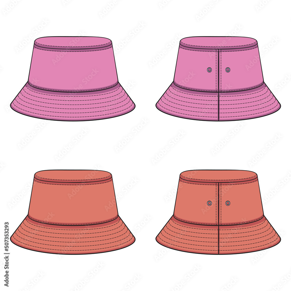 Poster set of color illustrations with pink and orange panama hat. isolated vector objects on a white backg