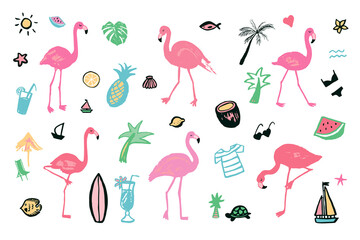 Flamingo pink birds with summer beach objects vector illustrations line set