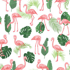 Flamingo with palm tree leaves seamless vector pattern