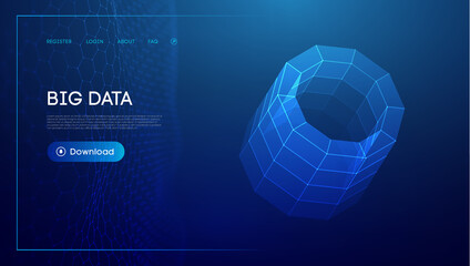 Bid data blue background. Wireframe cylinder vector. Network connection.