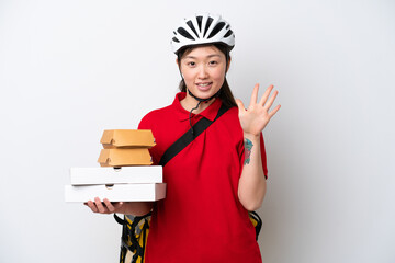 Young Chinese delivery woman taking takeaway food isolated on white background counting five with fingers