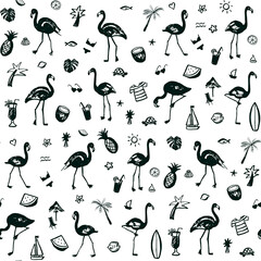 Flamingo party seamless vector line graphic pattern