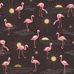 Fototapete Flamingo Flamingo with sun seamless vector pattern
