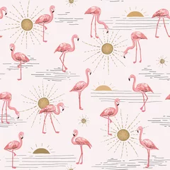 Foto auf Acrylglas Flamingo Flamingo with sun seamless vector pattern